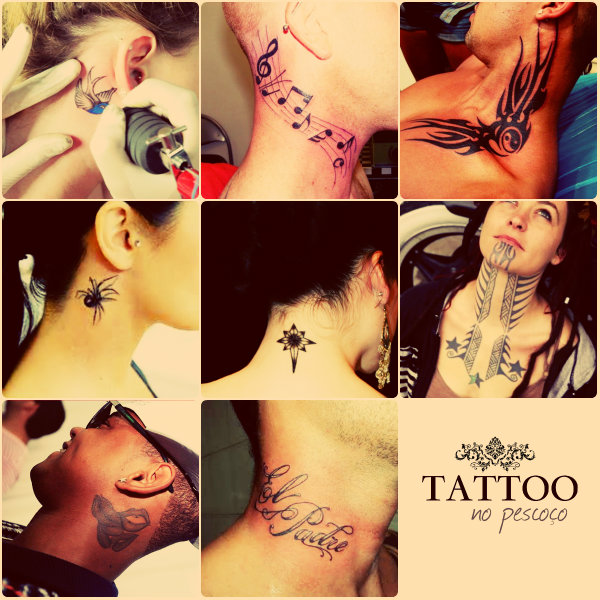 Símbolos e desenhos de tatuagens na área do pescoço.